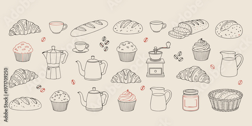 Bakery and coffee icons set with bread croissant cupcakes teapot and coffee beans