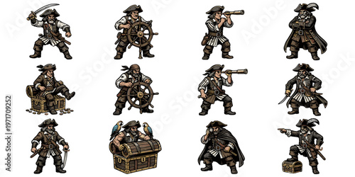 Set of cartoon historical buccaneers in various action poses 