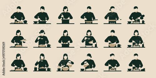Cooking people icons set preparing food cutting mixing frying and serving meals