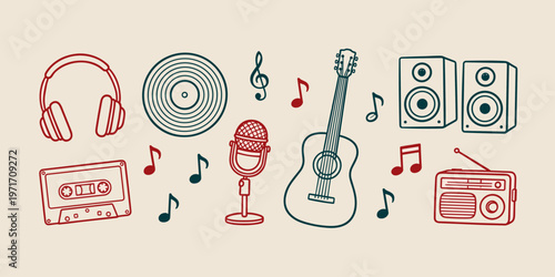 Music icons set with headphones vinyl guitar microphone speakers and notes