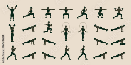 Fitness workout silhouettes set with exercises gym training and healthy lifestyle