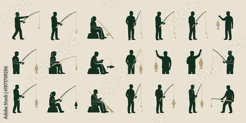 Fishing people silhouettes set with rod catching fish outdoor activity icons