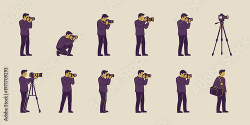 Photographer minimal icons set with camera shooting poses and tripod equipment