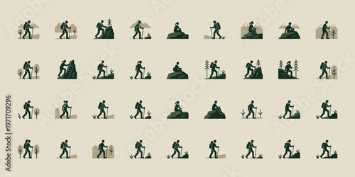 Hiking people icons set with trekking outdoor adventure and mountain walking