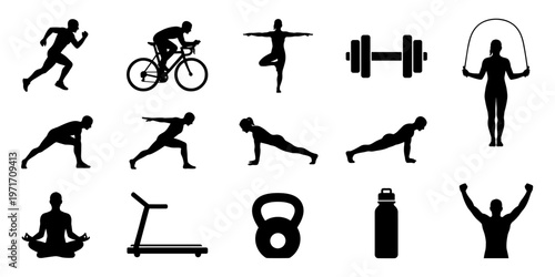 Sports and fitness icons set simple black workout symbols