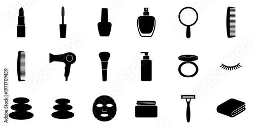 A set of beauty and cosmetic icons with simple black symbols for personal care