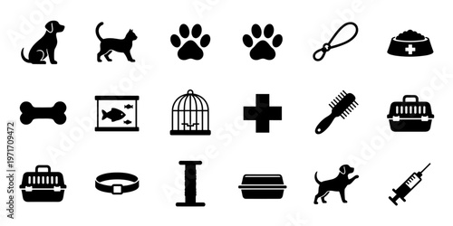 Pet care and veterinary icons set simple black animal symbols
