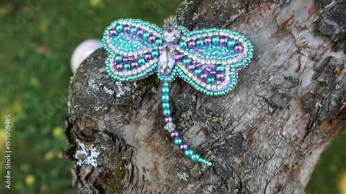 Foto Beaded Dragonfly Brooch Jewelry on Tree Bark Close Up