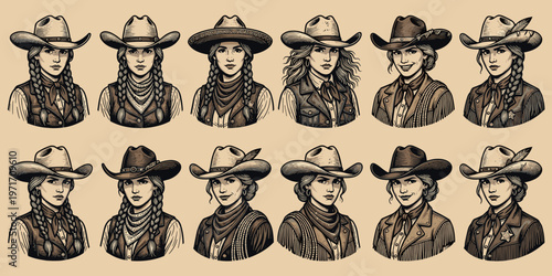 Rustic western girl portraits seamless pattern - vintage cowgirl background design