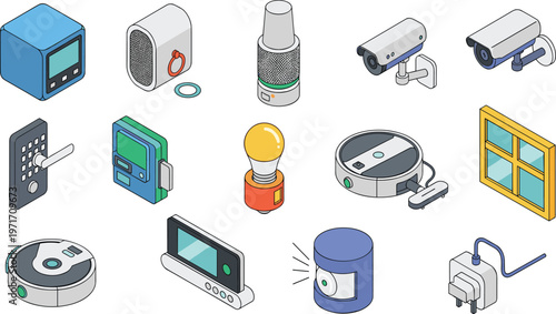Smart Home Devices Flat Icons Set with Security Camera Robot Vacuum Sensor Light and IoT Gadgets