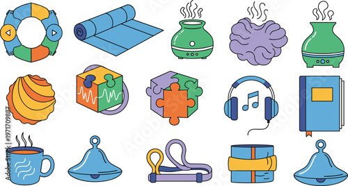 Wellness Relaxation Flat Icons Set with Aroma Diffuser Yoga Mat Puzzle Music and Self Care Elements