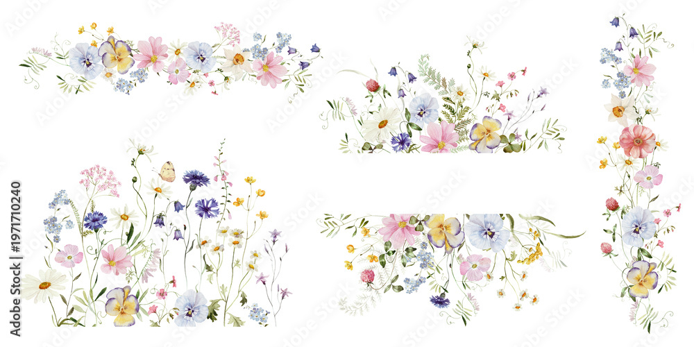Naklejka premium Spring bouquet set. Watercolor colorful wildflower floral clipart - flower meadow green red yellow herbs leaves. Wedding invitation, fashion, background, textile. Peony, rose, shamrock, chamomile