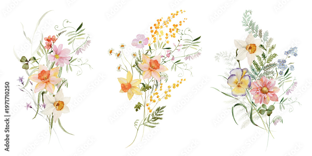 Naklejka premium Spring bouquet set. Watercolor colorful wildflower floral clipart - flower meadow green red yellow herbs leaves. Wedding invitation, fashion, background, textile. Peony, rose, shamrock, chamomile