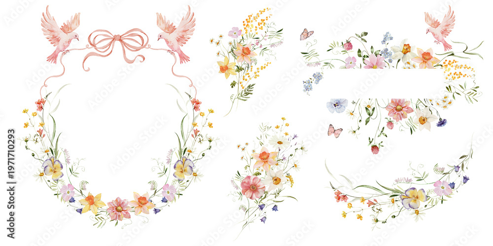 Naklejka premium Spring floral set. Watercolor colorful wildflower floral clipart - flower meadow green red yellow herbs leaves. Wedding invitation, fashion, background, textile. Bow, ribbon, butterfly, doves, peony