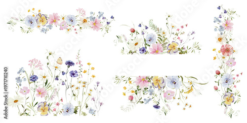 Spring bouquet set. Watercolor colorful wildflower floral clipart - flower meadow green red yellow herbs leaves. Wedding invitation, fashion, background, textile. Peony, rose, shamrock, chamomile