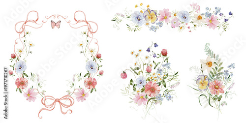 Spring floral set. Watercolor colorful wildflower floral clipart - flower meadow green red yellow herbs leaves. Wedding invitation, fashion, background, textile. Bow, ribbon, butterfly, peony, rose