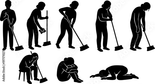 Cleaning worker fatigue and burnout set, exhausted janitor poses and workplace stress concept silhouettes