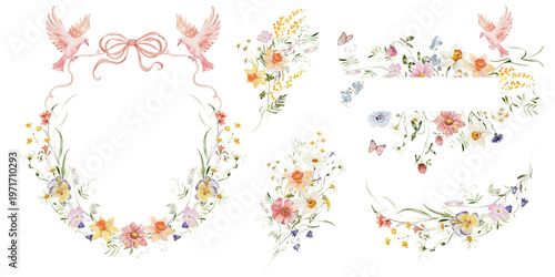 Spring floral set. Watercolor colorful wildflower floral clipart - flower meadow green red yellow herbs leaves. Wedding invitation, fashion, background, textile. Bow, ribbon, butterfly, doves, peony