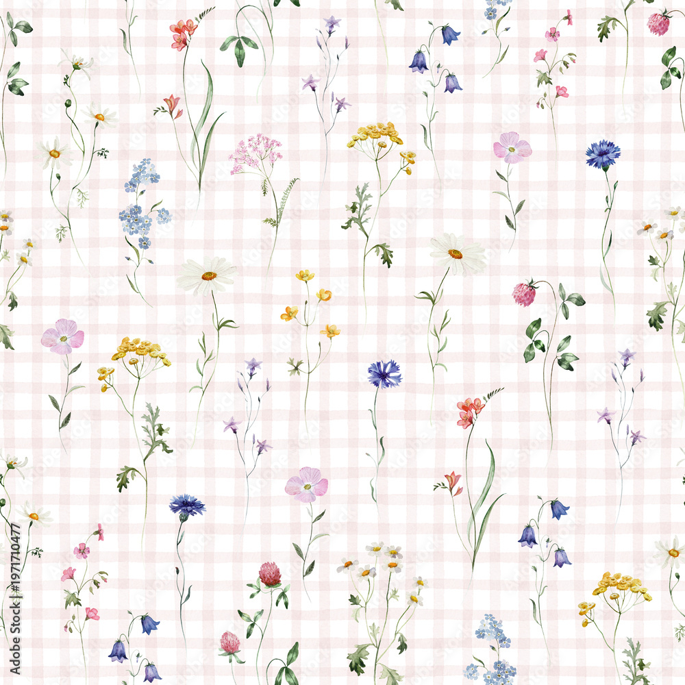 Fototapeta premium Watercolor delicate checkered seamless pattern with spring colorful flowers and floral elements, seamless illustration for cute home textile, background or wrapping paper. Hand-drawn abstract repeat 