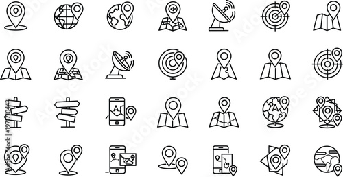 Set of Location-based Icons with Maps, GPS Markers, Directional Signals, Mobile Navigation, and Satellite Communication Symbols for Web and App Design.