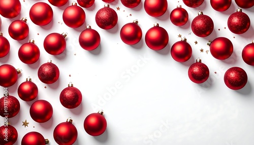 Festive Red Christmas Ornaments Arranged on White Surface.