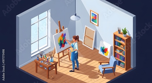 Young Artist Creating Colorful Abstract Painting in Bright Studio