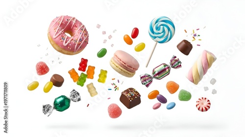 Colorful levitating sweets donuts and candies on white background