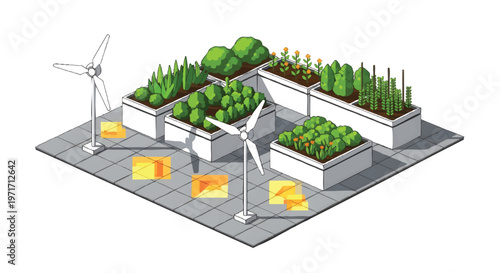 Sustainable urban garden with wind turbines and raised planters