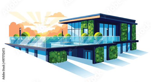 Modern house with green walls and glass railing at sunset