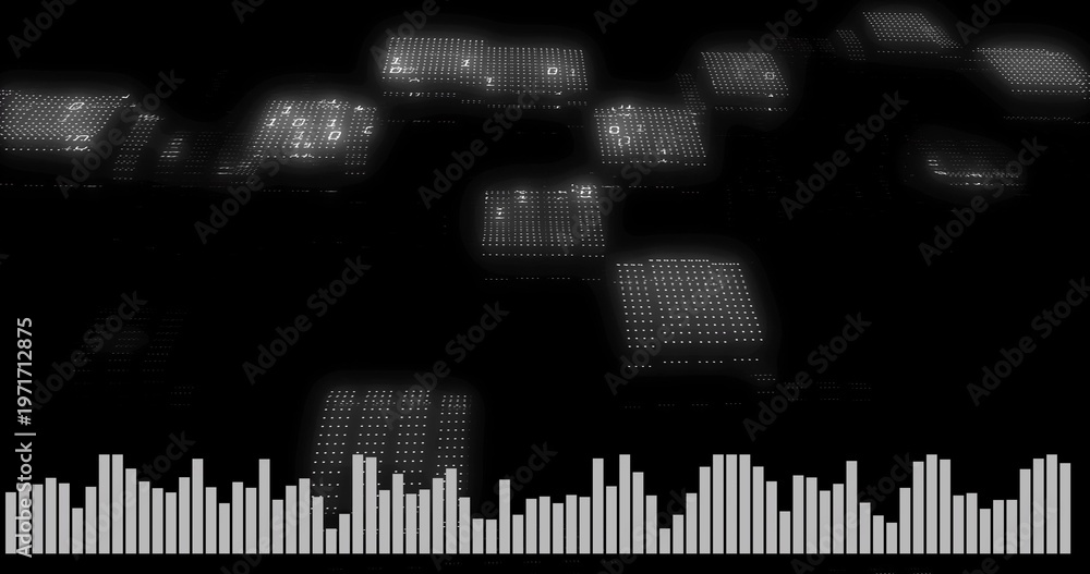 Naklejka premium Displaying central audio visualizer pulsing in dark digital space, with glowing dotted panels