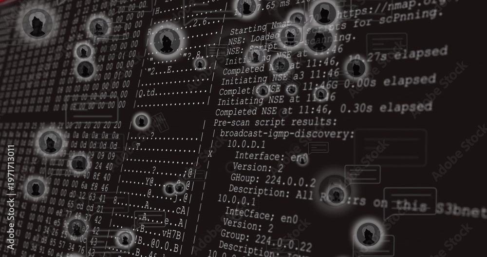 Fototapeta premium Displaying terminal console with scan logs and glowing node avatars on computer display, hex dump