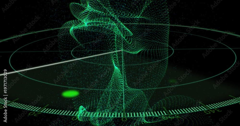 Fototapeta premium Rising neon-green point-cloud column spiraling above circular radar grid with numeric ticks