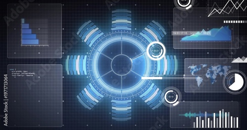 Tableau sur toile Displaying central circular interface hub pulsing on navy grid, with clear panel