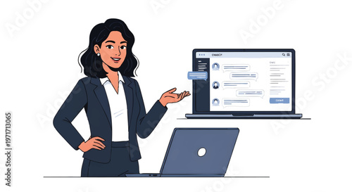 Businesswoman presenting data on laptop and monitor screen