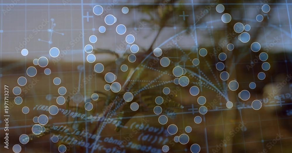 Fototapeta premium Displaying molecular helix overlay on palm backdrop, showing glowing nodes and blue grid