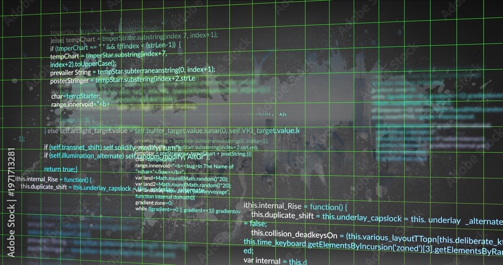 Naklejka premium Displaying bright green grid overlay over technical screen, showing monospaced code blocks