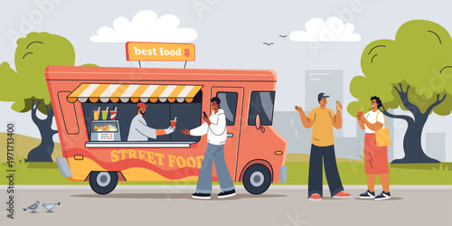 People buy and eat food near the food truck cartoon characters vector illustration