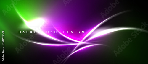 Abstract background features vibrant green, purple hues. White lines create dynamic, flowing design. Dark space dominates image.