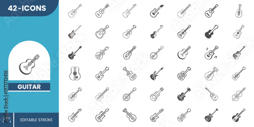 Editable Guitar Icon – Modern Flat Vector for Acoustic Guitar, Electric Guitar and Music Studio. 