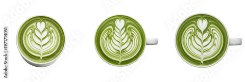 Set of Three Matcha Green Tea Lattes with Artistic Heart and Rosetta Latte Art, Realistic Top-Down View of Healthy Hot Beverage in White Ceramic Cups Isolated on White Background PNG