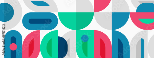 Abstract geometric pattern. Overlapping shapes create colorful, modern design. Simple forms repeat, forming rhythmic texture.