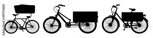 Cargo bicycle set with solid black icon on white background featuring eco-friendly, cargo, bicycle with sustainability and transport