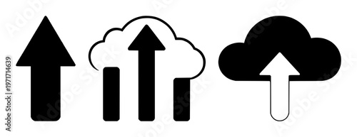 Cloud deployment arrow set with solid black icon on white background featuring cloud, deployment, arrow, up, technology with symbol and digital