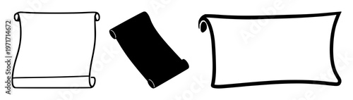 Smart contract digital scroll set with solid black icon on white background featuring minimalistic design, line art, iconography with blockchain and transparency