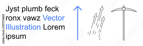Visual include communication, mining, data extraction, growth, progress, and typography. Features text, arrows pointing upward and a pickaxe icon. Communication and mining concepts illustrated