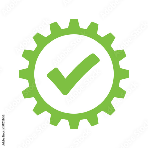 Tick Icon in Gear Checkmark Approval Settings Success Completed Task Validation Process Vector Illustration Design Isolated White Background
