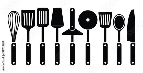 Collection of Black Kitchen Utensils on White Background