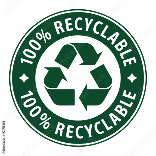 Green 100% Recyclable Symbol with Recycling Arrows and Stars