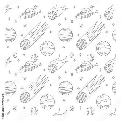 Whimsical Space Pattern: Planets, Comets, and Stars in a Doodle Style