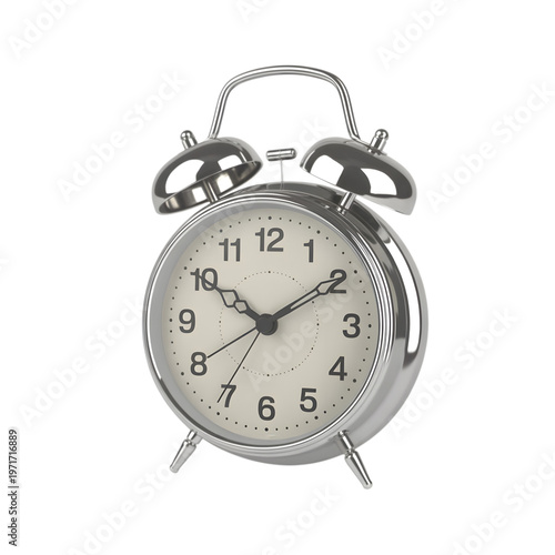 Metallic retro alarm clock at angle on as PNG asset
